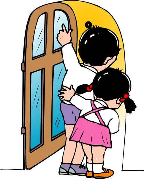 İki çocuk, tuhaf bir şekilde kapıdan dışarı bakıyor.