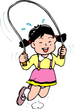 Beyaz arka planda izole edilmiş ip atlayan çizgi film kızı 