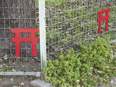 Yeşil bitkilerin ve çitlerin yanında kırmızı ahşap torii kapıları