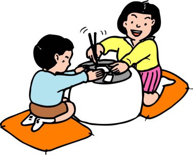 Kız ve erkek birlikte yemek yiyor, çizgi film çizimleri beyaz arka planda izole edilmiş.