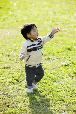 Parktaki çimlerde sabun köpüğüyle oynayan yakışıklı Asyalı çocuk. 