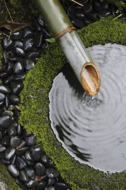 Zen taşları ve Japon bahçesinde suyu olan bambu.