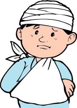 Kırık kollu bir çizgi film çocuğu. 