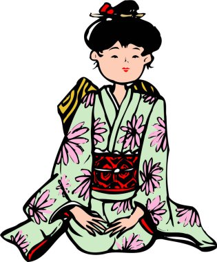 Kimonolu Japon kadın resimde oturuyor. 