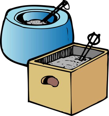 Dikdörtgen bir kutu ve yuvarlak bir leğen, her ikisi de gri bir madde ve maşayla dolu..