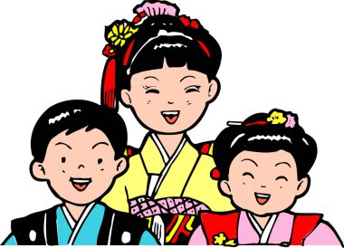 Renkli geleneksel kıyafetler giyen gülümseyen çocuklar.