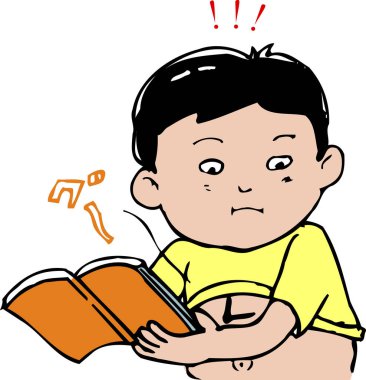 Çocuk kitap okuyor, çizgi film çizimleri beyaz arka planda izole edilmiş.