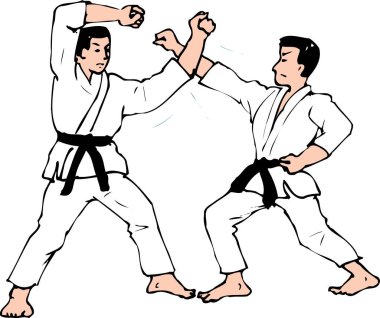 İki erkek karate dövüşçüsü, karikatür çizimi.