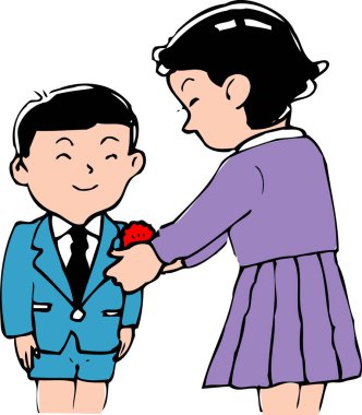 Gülümseyen oğlan kızdan çiçek alıyor.