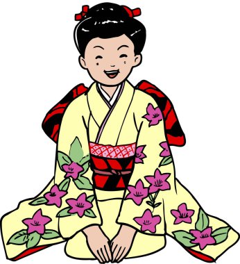 Kimonolu Japon kadın resimde oturuyor. 