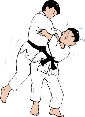 İki erkek karate dövüşçüsü, karikatür çizimi.
