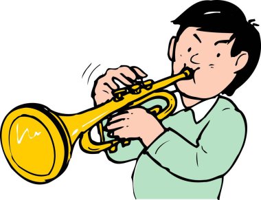 Parlak bir trompet çalan genç bir erkeğin resmi..