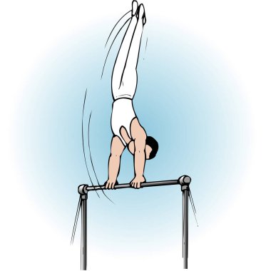 Erkek jimnastikçi yatay çubukta amuda kalkıyor.