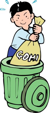 Gülümseyen çocuk çöp torbasına çöp atıyor.