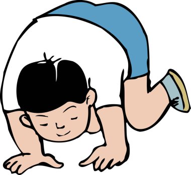 Genç çocuk beyaz arka planda neşeyle çömeliyor.