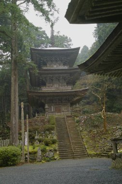 Güzel antik Japon tapınağının manzaralı görüntüsü.