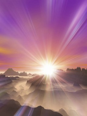 Dağlı mor gün doğumu manzarası. 3d resimlendirme 