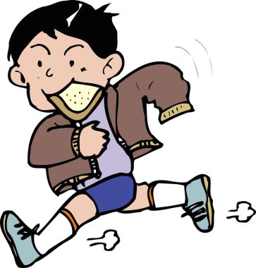 Çocuk sandviç yiyor ve koşuyor. Çizgi film çizimleri beyaz arka planda izole edilmiş.