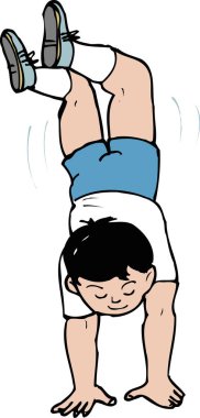 Ellerinde duran çocuk, beyaz arka planda izole edilmiş çizgi film çizimi.