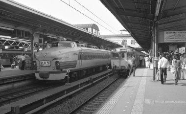 İstasyondaki bir trenin siyah beyaz fotoğrafı.