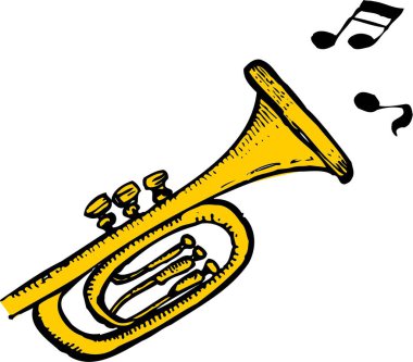 Parlak altın bir trompetin çizimi. Zilinden notalar yükseliyor..