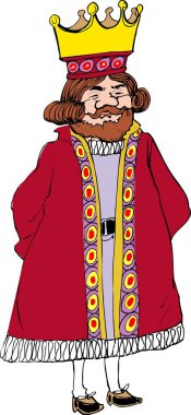 Sakallı bir kralın resmi, altın bir taç ve büyük kırmızı bir cübbe giyiyor..