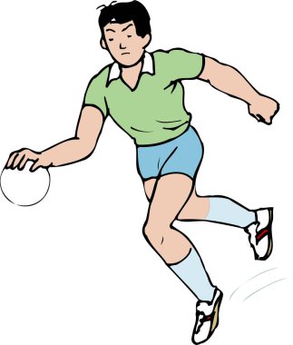 Adam voleybol oynuyor, beyaz arka planda izole edilmiş karikatür çizimi.