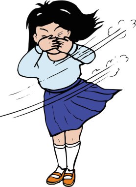 Sert rüzgar eserken yüzünü kapatan kız.