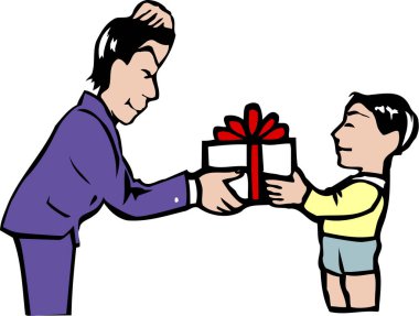 Çocuk babasına beyazlar içinde hediye veriyor. 