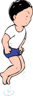 Beyaz arka planda izole bir şekilde atlayan bir çocuğun çizgi film çizimi. 