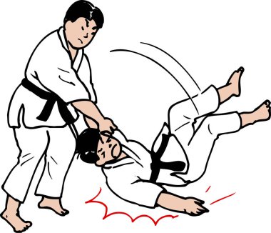 Karate eğitimi almış, karikatür çizimleri beyaz arka planda izole edilmiş.