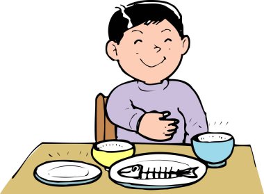 çizgi filmdeki mutlu adam masada yemek yiyor. 