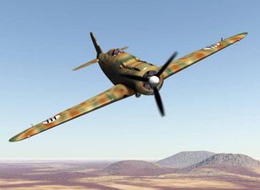 3D, mavi gökyüzünde süzülen eski bir askeri uçağın çizimi.