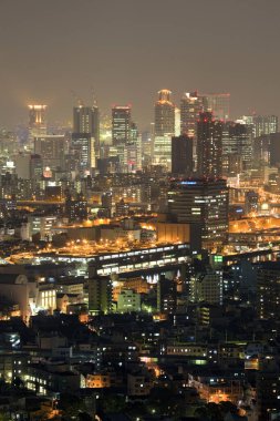 Geceleri Tokyo şehrinin hava manzarası. Japonca         