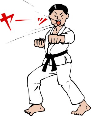 Asyalı adam karate yapıyor, beyaz arka planda karikatür çizimi.