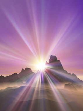 Dağlı mor gün doğumu manzarası. 3d resimlendirme 