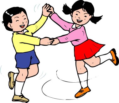 Beyaz arka planda dans eden kız ve oğlanın çizimi 