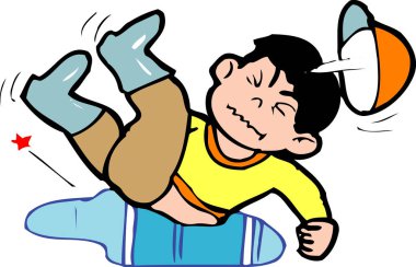 Çocuk ıslak zeminde kayıp şapkasını kaybediyor.