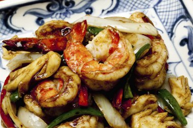 Colorful shrimp and seafood stir-fry