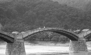 Parktaki nehrin üzerindeki köprü, siyah ve beyaz. 