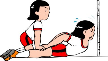 Kızlar, beyaz arka planda basit bir çizgi film çizimi eğitimi alıyorlar.  