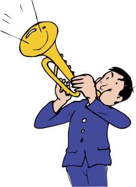 Trompet çalan Asyalı bir müzisyenin karikatür çizimi