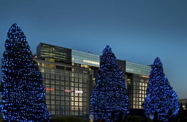 Noel ışıkları ve süslemeler gece şehrinde ağaçlarda               