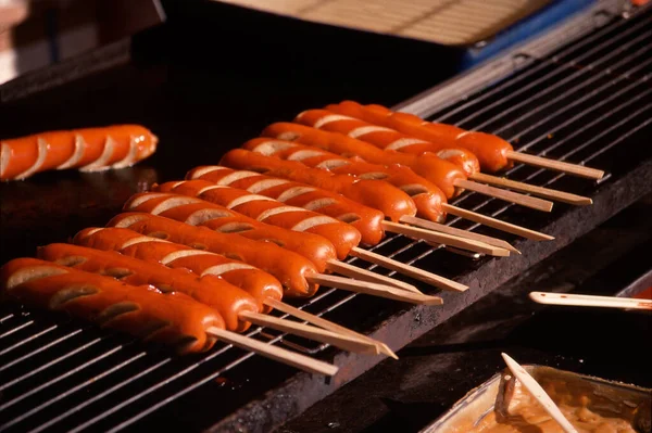 Grill Hot Dogs Background Close — Stock Photo, Image