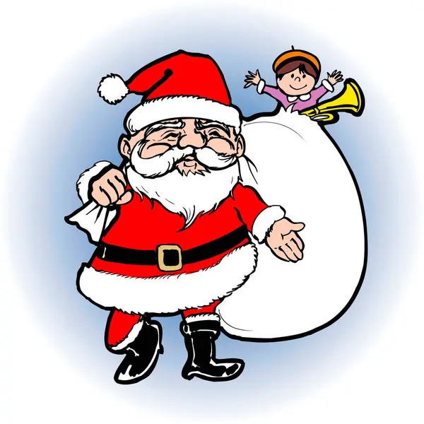 Desenho Animado Santa Claus Pequeno Elfo Com Trompete Saco Rasgado — Fotografia de Stock
