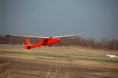 Arka planda ağaçlarla çimenli alanın üzerinde uçan planör