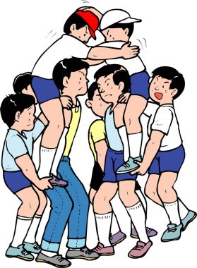 Dışarıda grup oyunu oynayan çocuklar renkli şapkalar takıyor.