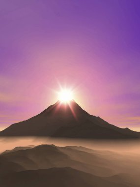 Dağlı mor gün doğumu manzarası. 3d resimlendirme 