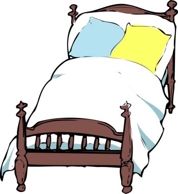 Mavi ve sarı yastıklı ahşap bir yatak ve beyaz bir yorgan..