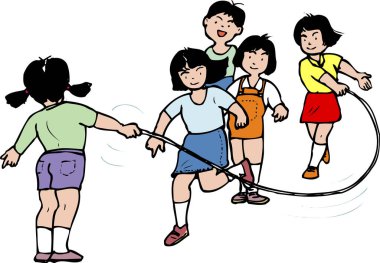 Dışarıda ip atlama oyunu oynayan dört gülen çocuk.